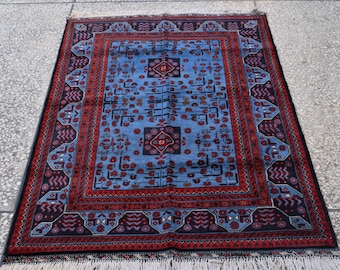 Navy Blue and Red Bukhara Afghan Handwoven Rug,Turkmen Wool Carpet 3x5Ft, Rugs For Living Room, Bedroom Rug, Dining Room Rug, Natural dyes,