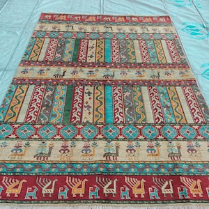Handmade Afghan Chobi Rug 7.8x5.9 ft Geometric Tribal Pattern with Animal Motifs, Bohemian Decor, Unique Oriental Area Carpet