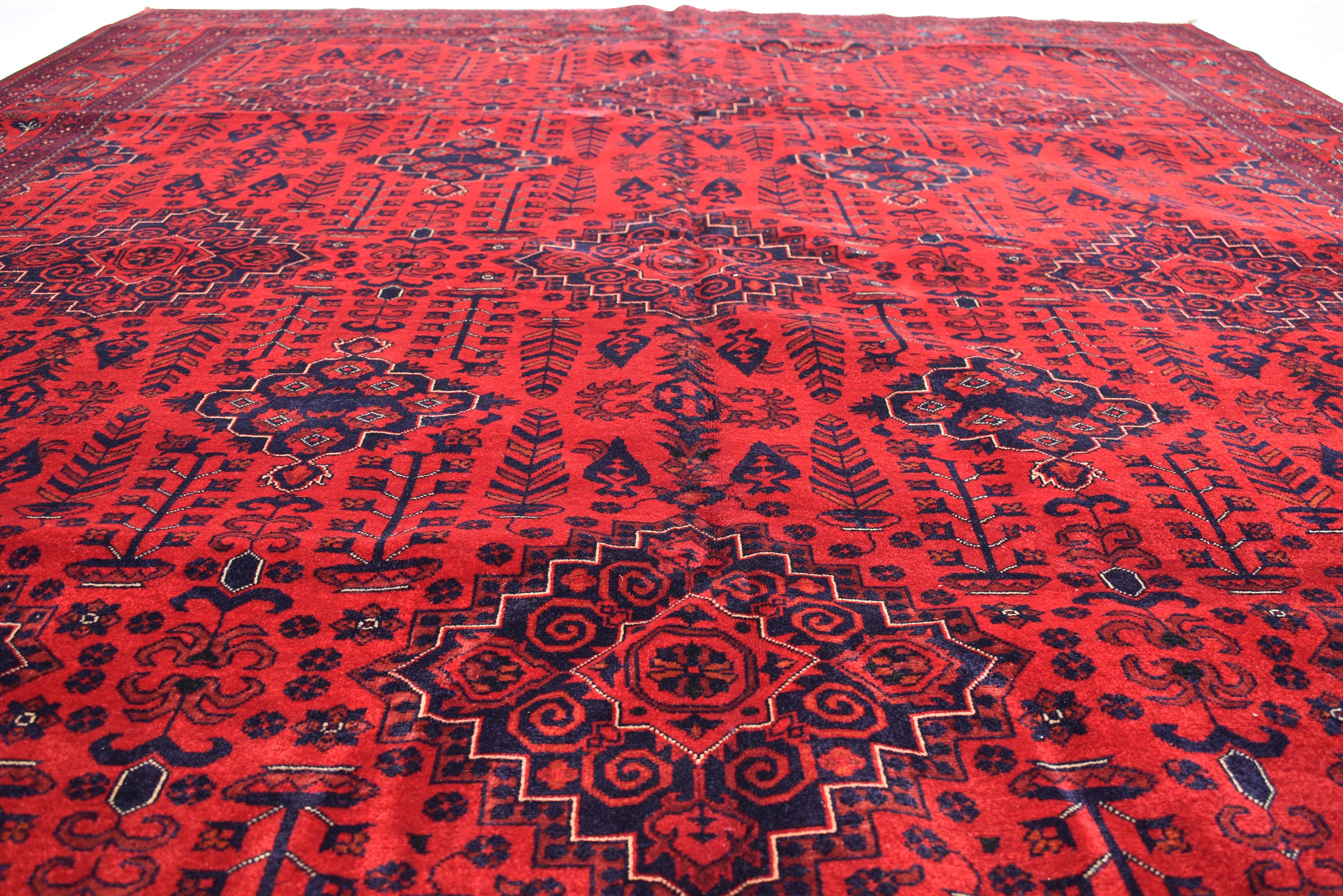 手織りアフガンラグ：8x11インチの赤と青のウールオリエンタルラグ