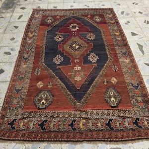 Antique Persian Caucasian Kafkas Rug – 5x7 ft | Hand-Knotted Wool Rug | 105 Years Old | Red, Navy, Olive, Gold | Tribal Collectible Area Rug
