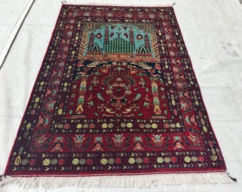 Handwoven Wool Prayer Rug: Afghan Turkmen Small Area Rug (4.5x3.2 ft)