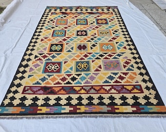 7×10 Ft Kilim Rug For Living Room | Flatweave Geometric Tribal Wool Rug