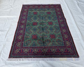 Handwoven Afghan Bukhara Rug: Turkmen Tribal Wool, 6.5x4.9 ft, Rich Green & Red
