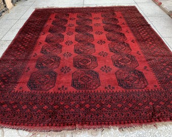 11.7x8.11 Ft Vintage Elephant Footprint Rug – Antique Afghan Handmade Wool Carpet | Large Oriental Tribal Area Rug for Living Room or Decor