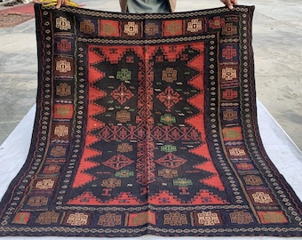 Vintage Afghan Kilim Rug 5x5ft: Black & Red Wool, Handmade Tribal Flatweave