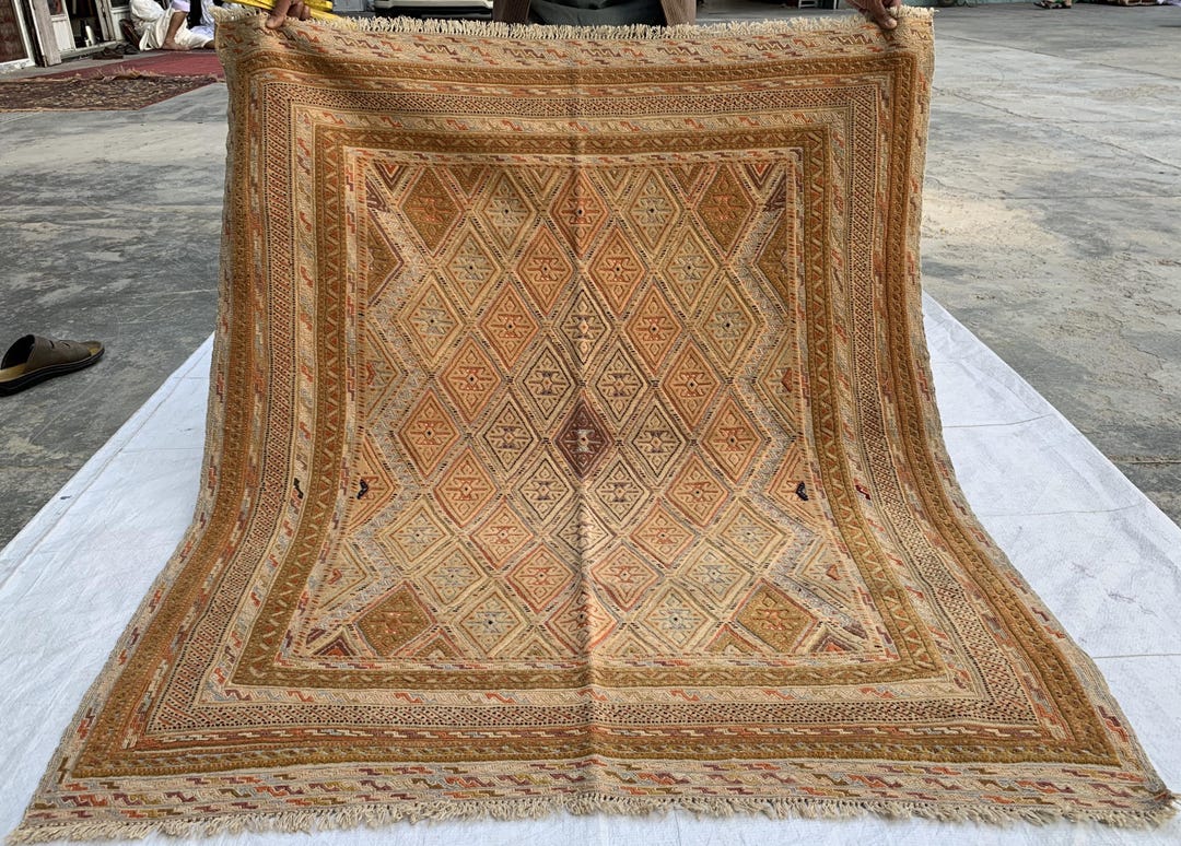 Vintage Afghan Kilim Rug 5x4 Ft: Handwoven Wool Geometric Flatweave - Etsy