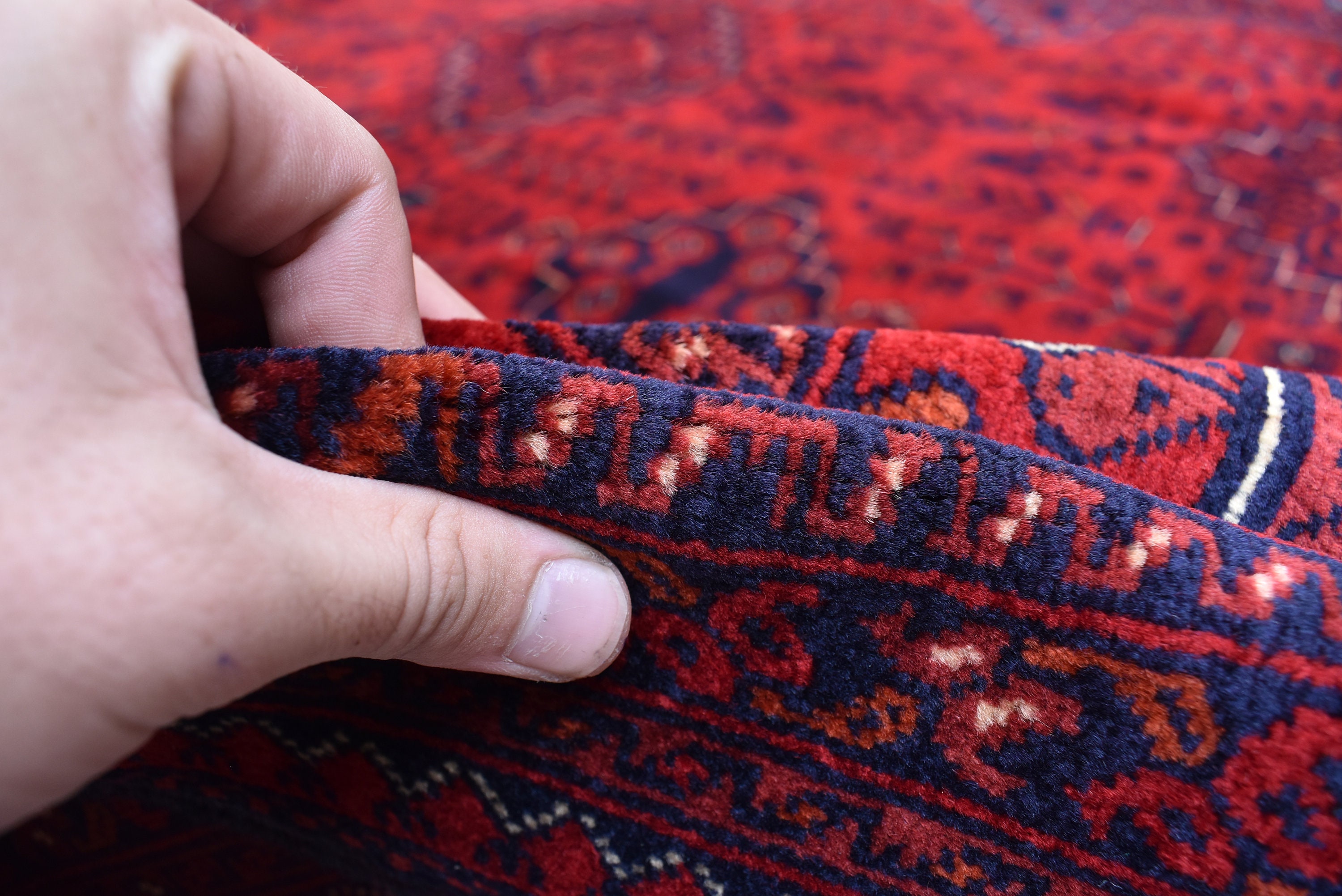 手織りアフガンラグ：8x11インチの赤と青のウールオリエンタルラグ