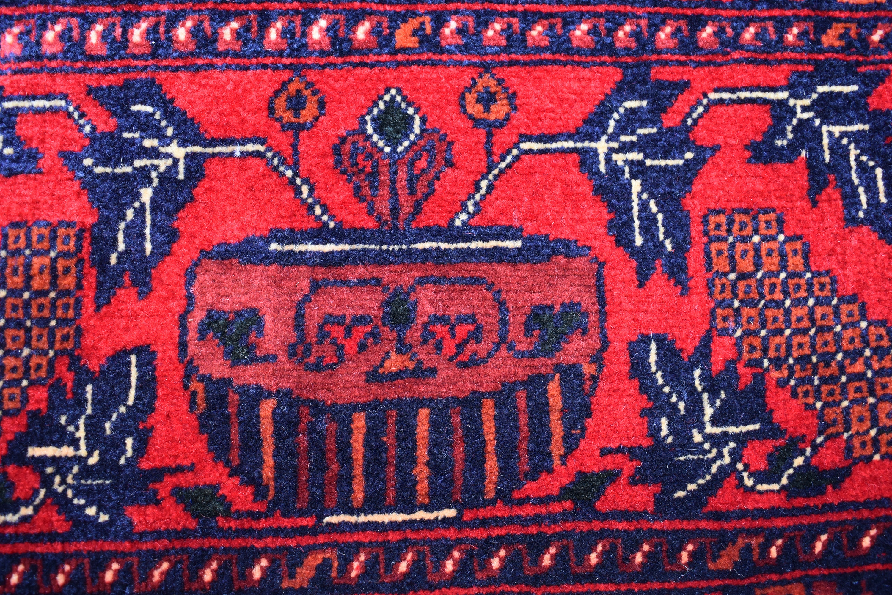 手織りアフガンラグ：8x11インチの赤と青のウールオリエンタルラグ