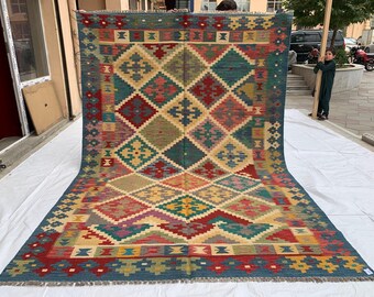 Handwoven Afghan Chobi Kilim Rug: Tribal Wool Flatweave, 6.5x9.6 ft
