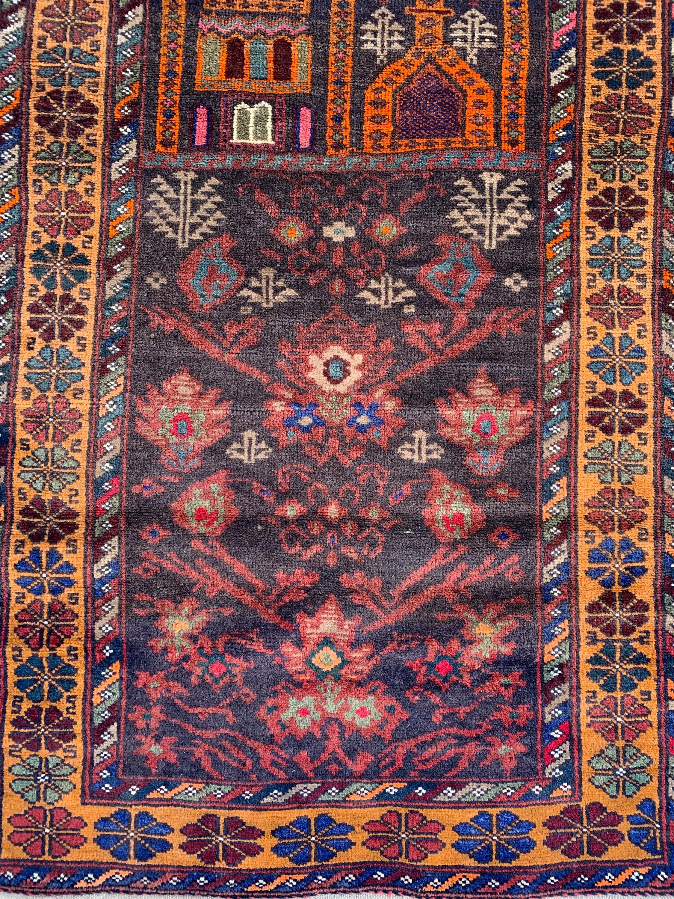 Vintage Afghan Wool Prayer Rug: Handmade Islamic Sajjadah (4.8x2.9