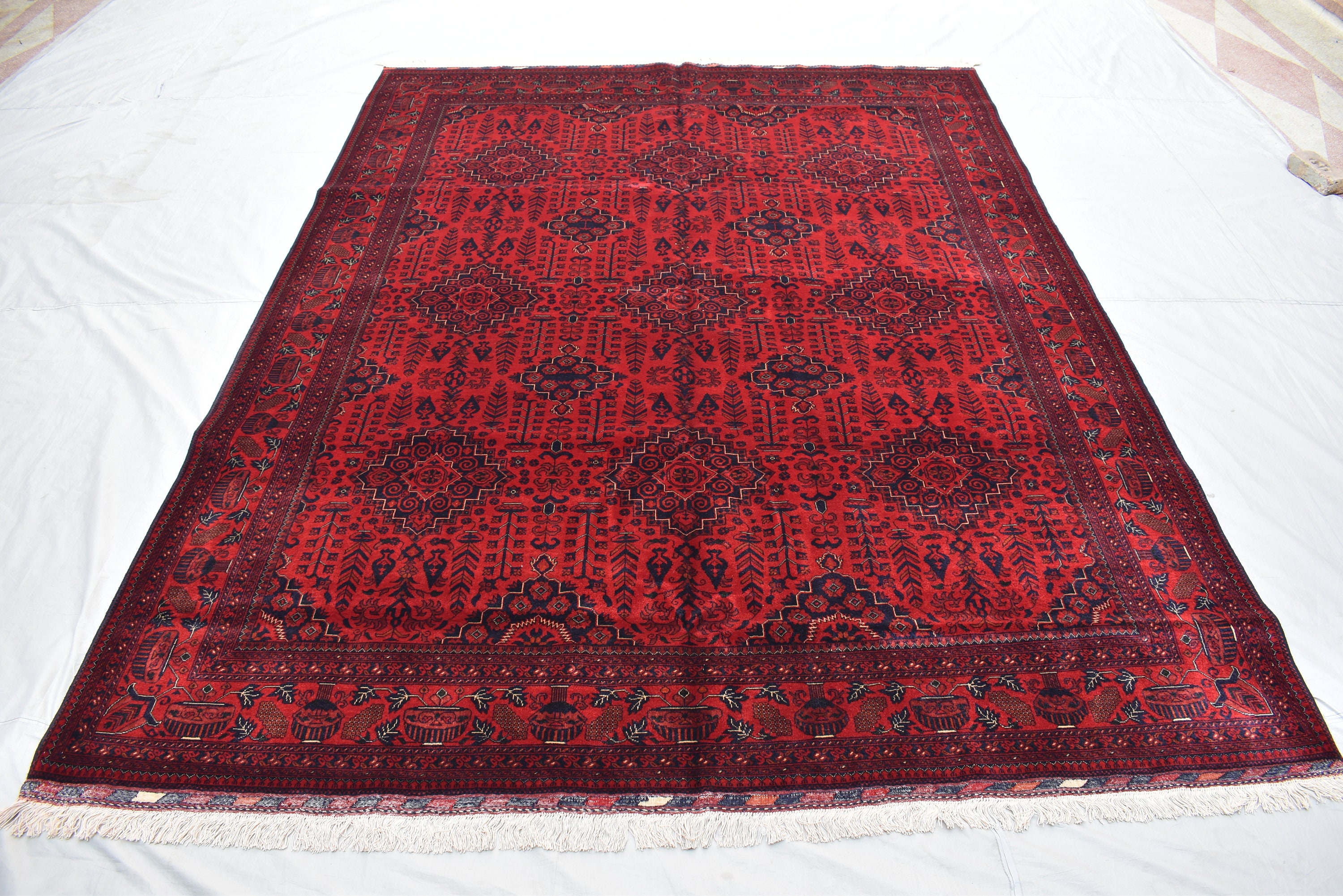 手織りアフガンラグ：8x11インチの赤と青のウールオリエンタルラグ