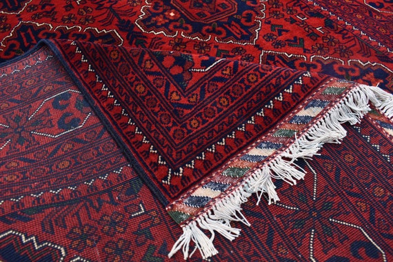 ハンドメイドウールブハララグ：赤と紺の部族カーペット（6.11x5.1