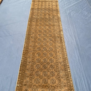 3×13 Ft Vintage Afghan Handmade Wool Hallway Runner, Distressed Brown Antique Tribal Carpet, Long Corridor Rug
