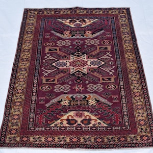100x150 Vintage Afghan Tribal Teppich - Handgemachter Kazak Wollteppich - Geometrischer Nomadenteppich, Sammlerstück, Seltener Teppich, Kaukasier