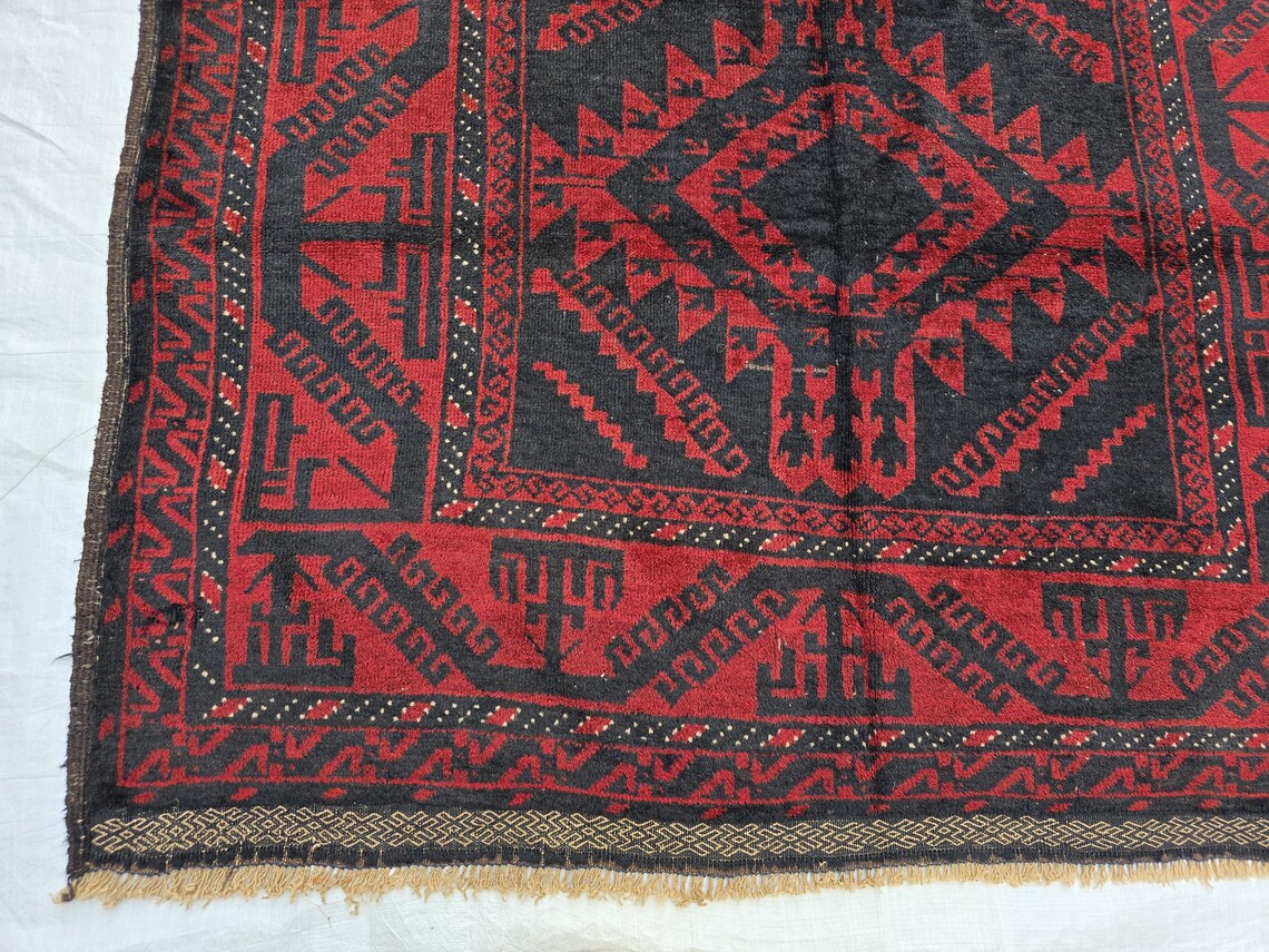 Antique Baluch Wool Rug (7.6x4.6 Ft): Hand-knotted Afghan Geometric Rug ...