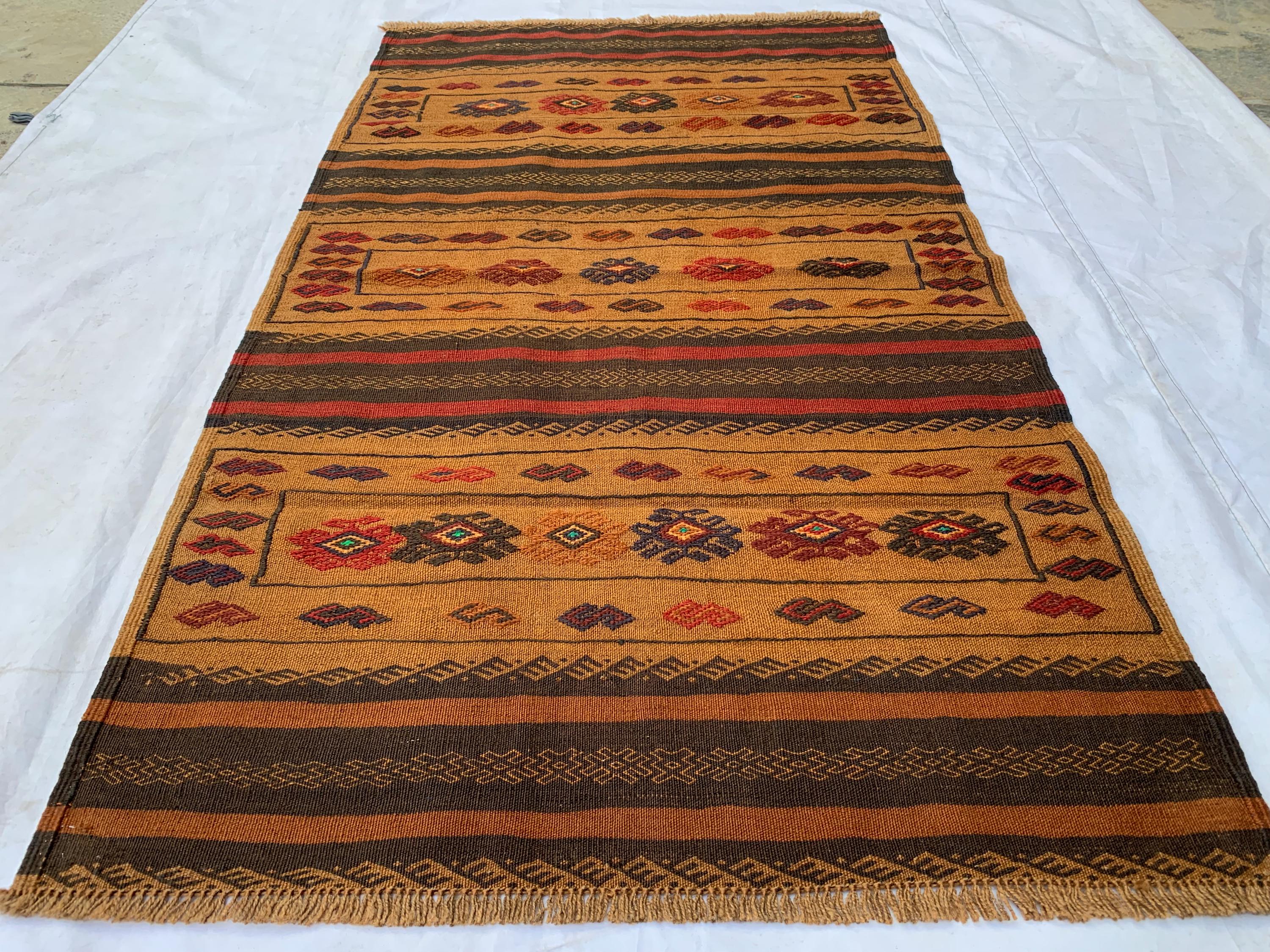 トライバルラグ　ヴィンテージラグ　アフガンラグ　キリム ヴィンテージアフガンキリムラグ：2.9x4.9インチの手織りウール