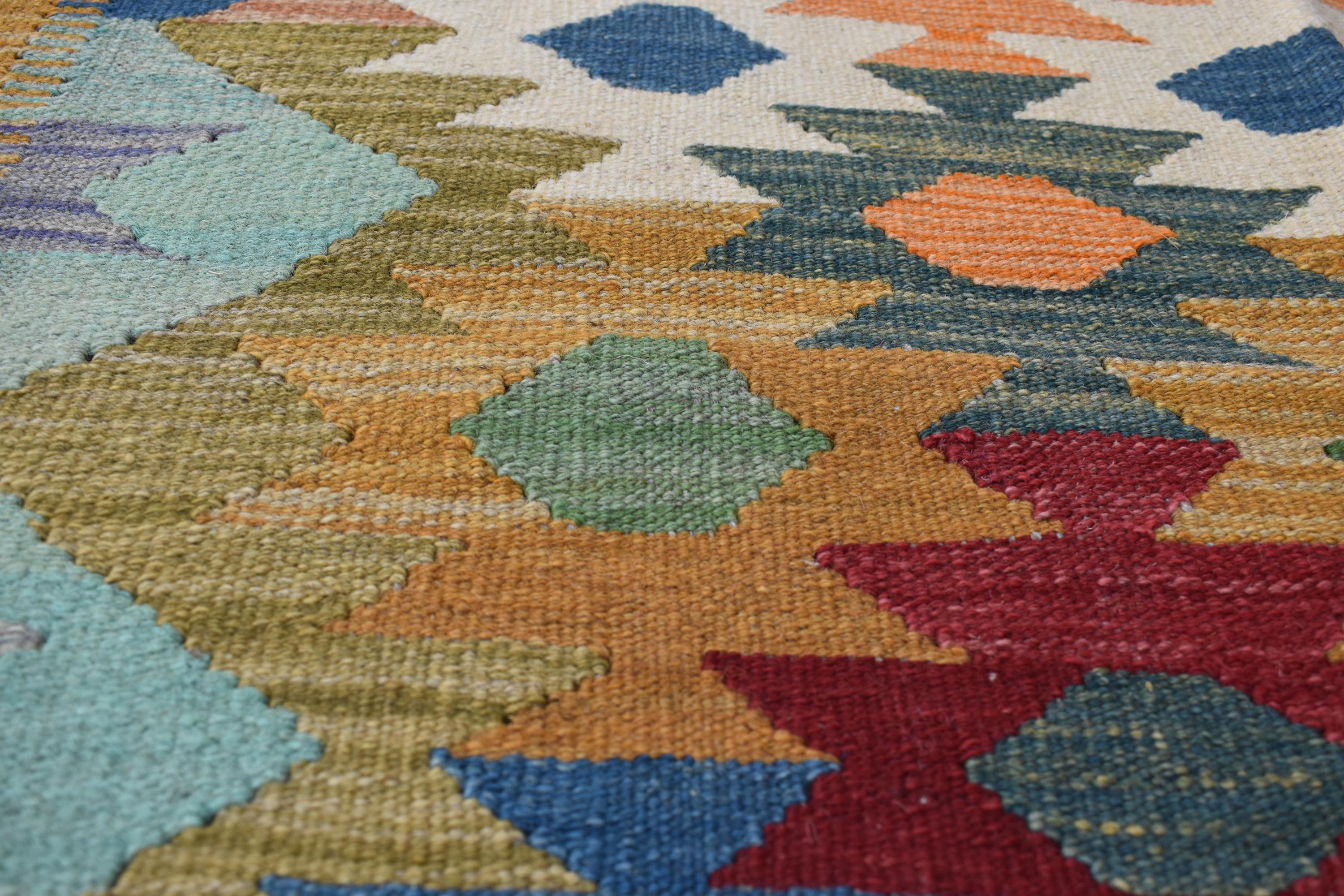 手織りアフガニスタンキリムラグ：幾何学模様ウールトライバルラグ