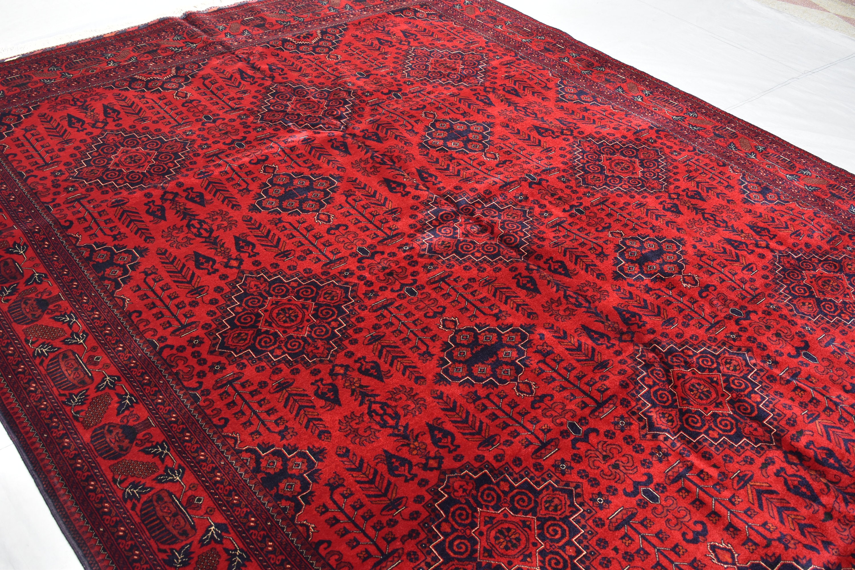 手織りアフガンラグ：8x11インチの赤と青のウールオリエンタルラグ