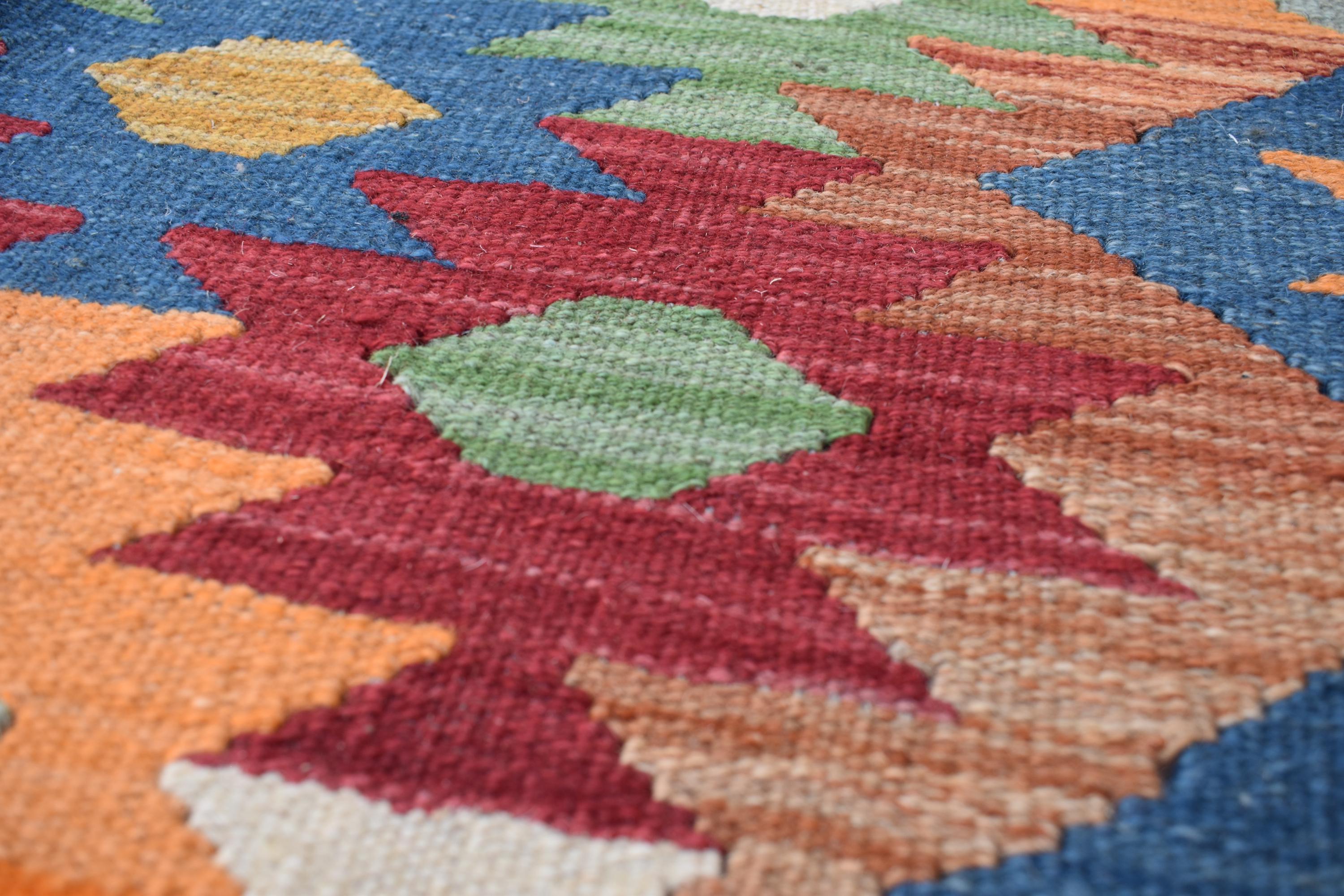 手織りアフガニスタンキリムラグ：幾何学模様ウールトライバルラグ