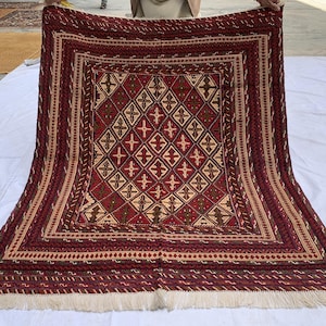 4x5 Taupe Röd Fyrkantig Handvävd Afghansk Ullmatta - Matrum Kelim