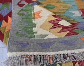 キリム　真正トライバルデザインウールラグ　未使用　手紡ぎ手織り キリム 真正トライバルデザインウールラグ 未使用 手紡ぎ手織り