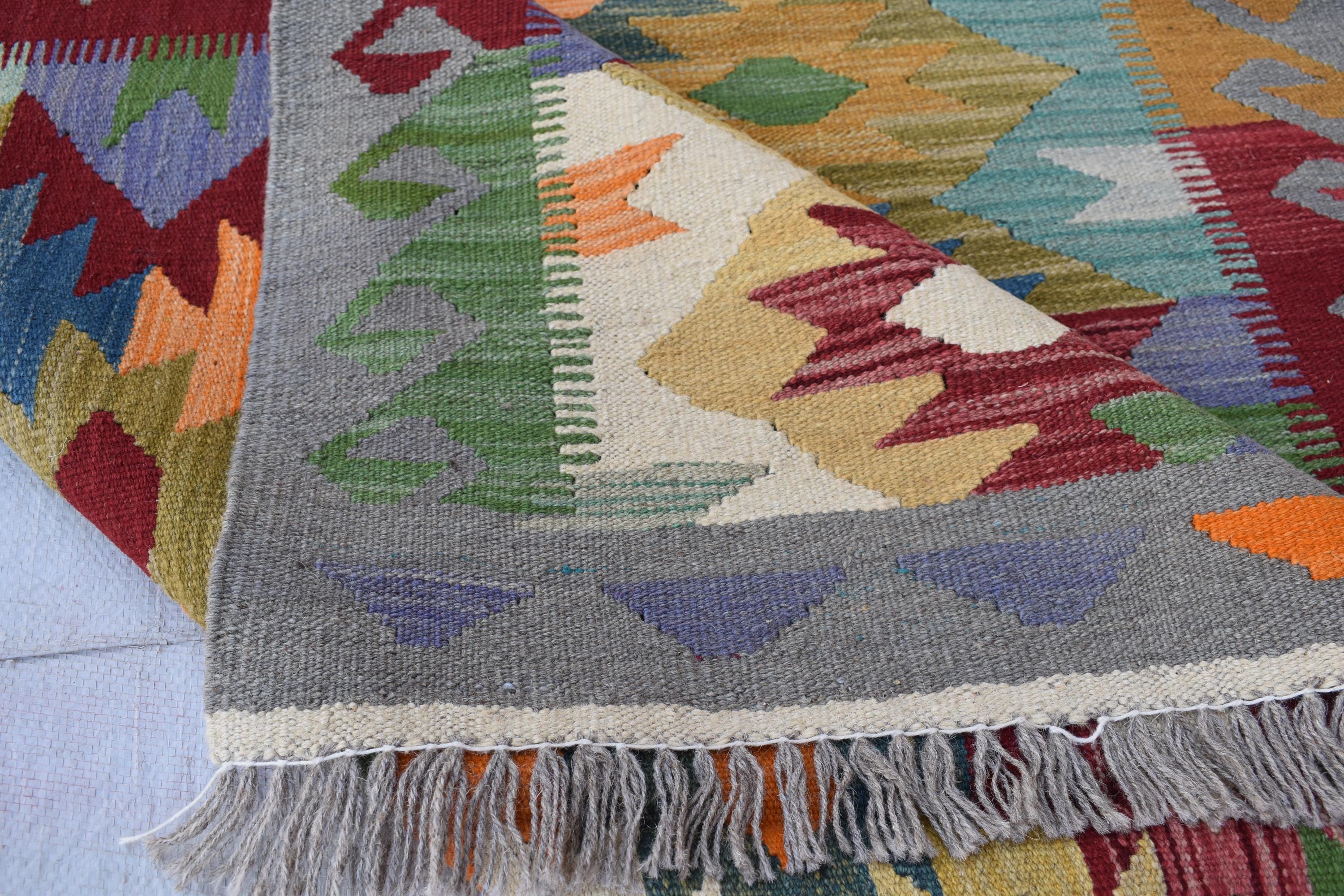 キリム　トライバルラグ　真正な手紡ぎ手織りのウール製幾何学模様　約90x29cm キリム トライバルラグ 真正な手紡ぎ手織りのウール製幾何学模様 約