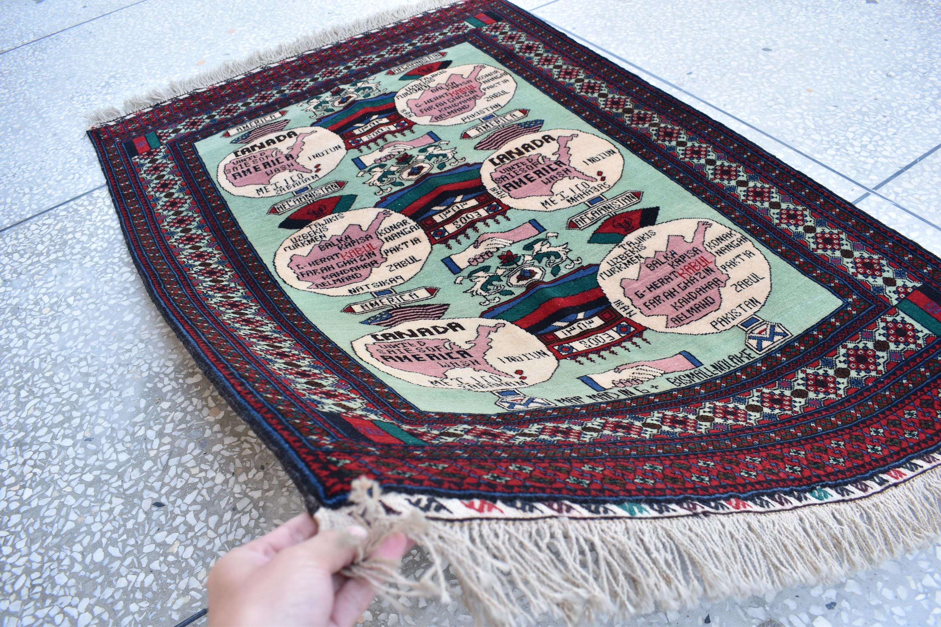 Vintage Afghan World Map Rug: Handmade Wool Balochi Rug (5.3x3.6 Ft) - Etsy