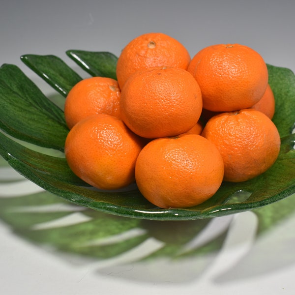 Monstera Leaf Bowl 9 1/4" x 10" x 2 1/2" Handmade Fused Glass - Jungle Tropical Green - Monstera Deliciosa - Swiss Cheese Plant