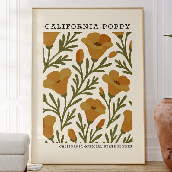 California State Flower Art Print | Poppy Botanical Wall Decor | Mid Century Modern Floral |  Housewarming Gift