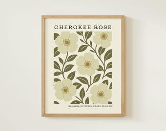 Georgia State Flower Digital Download | Cherokee Rose Botanical Wall Decor | Mid Century Modern Floral |  Housewarming Gift
