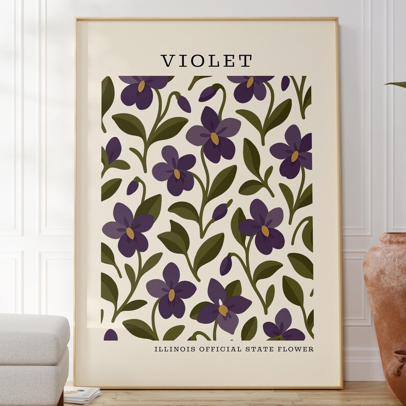 Illinois State Flower Art Print | Violet Botanical Wall Decor | Mid Century Modern Floral | Housewarming Gift image 2