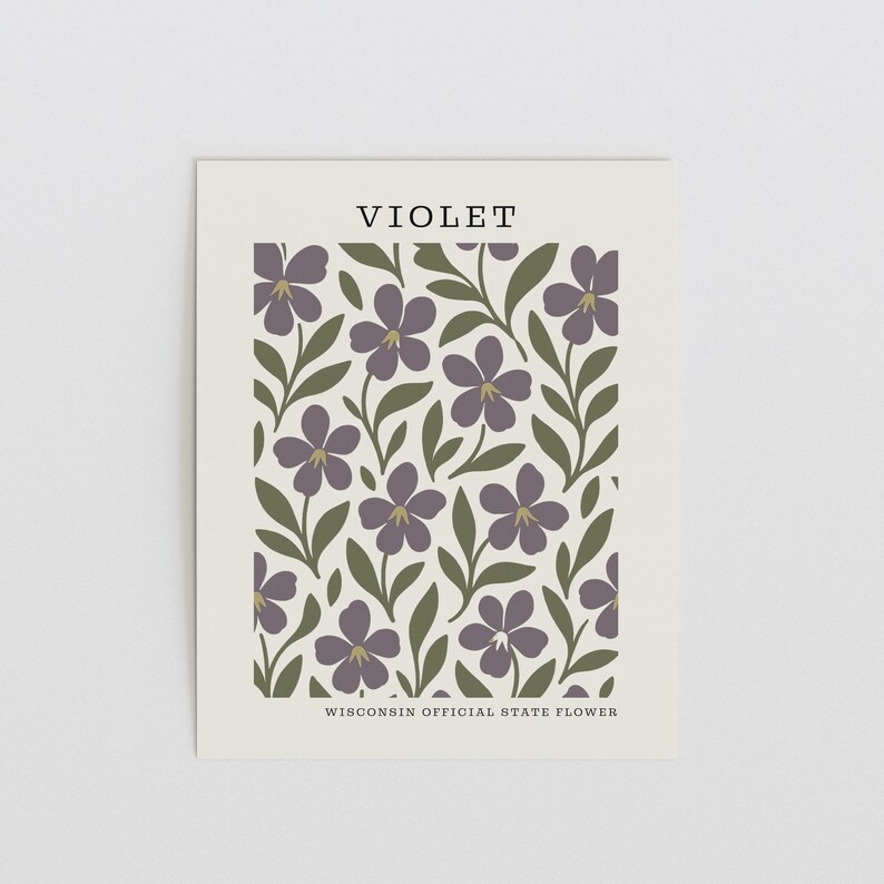 Stampa artistica del fiore simbolo del Wisconsin / Decorazione murale botanica viola / Floreale moderno di metà secolo / Regalo per l'inaugurazione della casa immagine 2