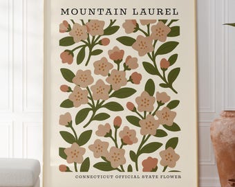 Download digital da flor oficial de Connecticut | Decoração de parede botânica com louro-da-montanha | Floral moderno de meados do século