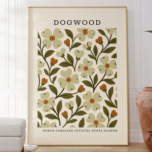 North Carolina State Flower Art Print | Dogwood Botanical Wall Decor | Mid Century Modern Floral | Housewarming Gift image 1