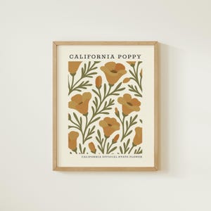 The image is a framed poster or artwork featuring a repeating pattern of California poppies and green leaves.