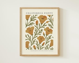 California State Flower Art Print | Poppy Botanical Wall Decor | Mid Century Modern Floral |  Housewarming Gift