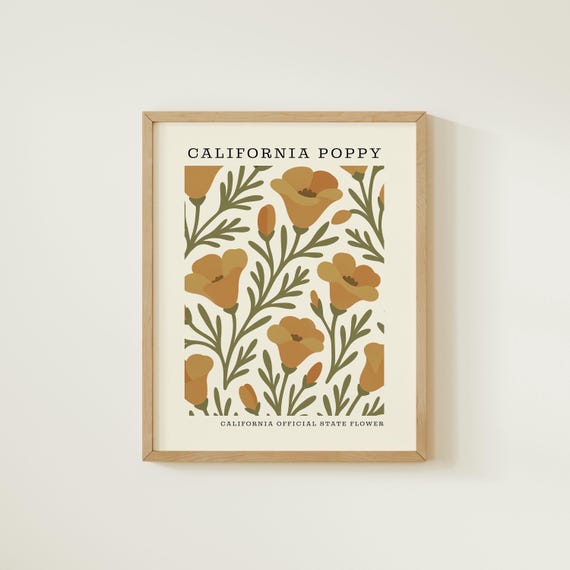 California State Flower Art Print | Poppy Botanical Wall Decor | Mid Century Modern Floral |  Housewarming Gift