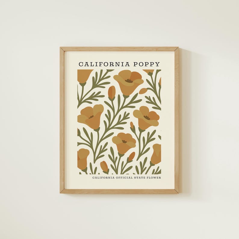The image is a framed poster or artwork featuring a repeating pattern of California poppies and green leaves.