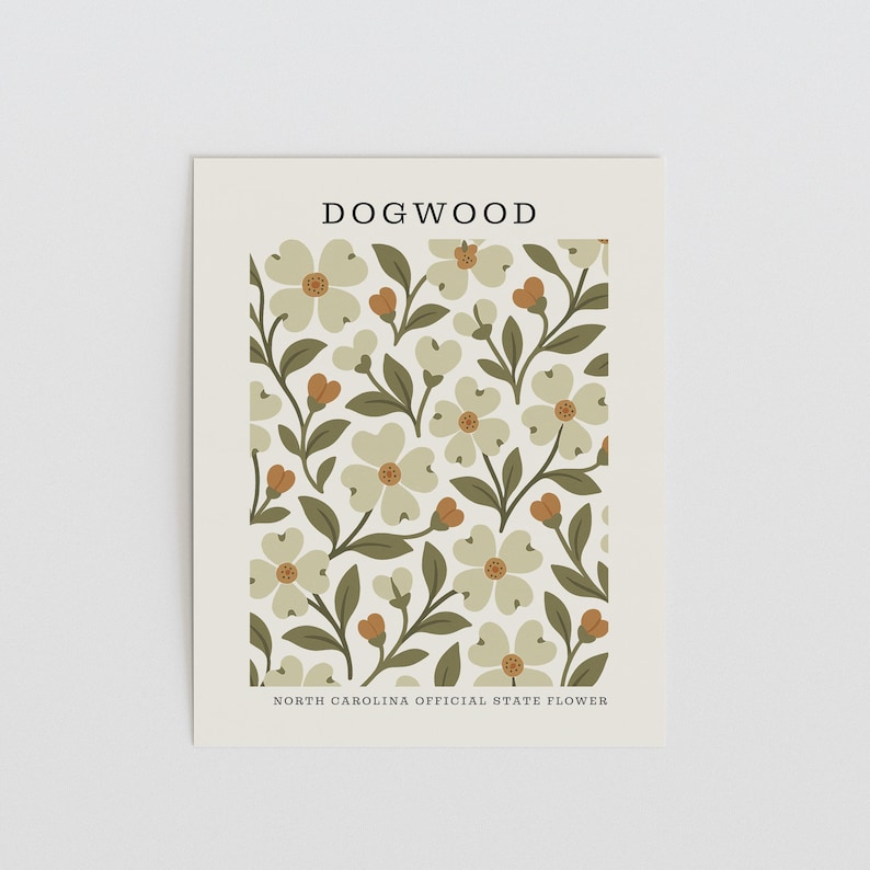 North Carolina State Flower Art Print | Dogwood Botanical Wall Decor | Mid Century Modern Floral | Housewarming Gift image 2
