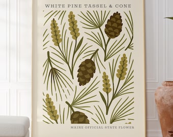 Maine State Flower Digital Download | White Pine Cone Botanical Wall Decor | Mid Century Modern Floral |  Housewarming Gift