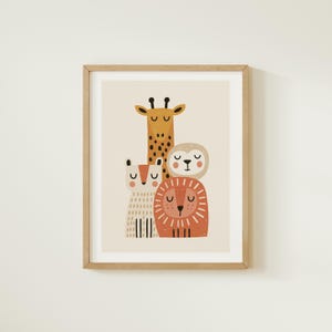 May include: A framed wall art print featuring a stack of four stylized animal faces including a tall yellow giraffe, a white spotted animal, a round beige creature, and a rust-colored lion, all with closed eyes on a light cream background.