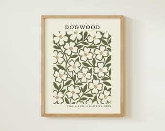 Virginia State Flower Art Print | Dogwood Botanical Wall Decor | Mid Century Modern Floral |  Housewarming Gift