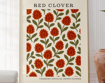 Vermont State Flower Digital Download | Red Clover Botanical Wall Decor | Mid Century Modern Floral |  Housewarming Gift