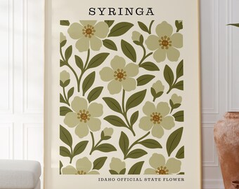Kwiat stanu Idaho do pobrania w wersji cyfrowej | Dekoracja ścienna z motywem botanicznym Syringa | Kwiatowy motyw w stylu mid-century modern | Prezent na parapetówkę