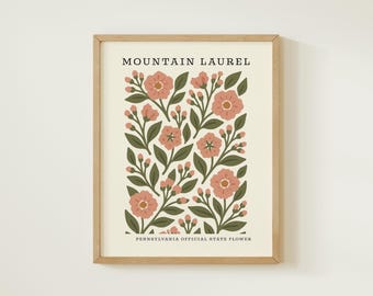 Pennsylvania State Flower Art Print | Mountain Laurel Botanical Wall Decor | Mid Century Modern Floral |  Housewarming Gift