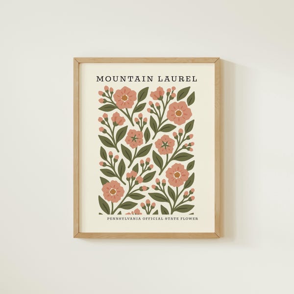 Pennsylvania State Blumen Kunstdruck | Mountain Laurel Botanische Wanddekoration | Mid Century Modern Blumen |  Einweihungsgeschenk
