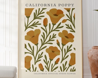 California State Flower Digital Download | Poppy Botanical Wall Decor | Mid Century Modern Floral |  Housewarming Gift