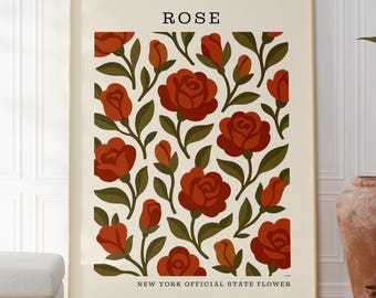 New York State Flower Art Print | Rose Botanical Wall Decor | Mid Century Modern Floral |  Housewarming Gift