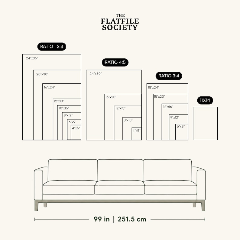 The image is a diagram that shows the sizes of different couches, ranging from 24" to 3" in height, and from 18" to 3" in width. The couch depicted in the image is 9" wide and 6" high. The image also includes the dimensions of the couch, which are 99" in width and 25.5" in height.