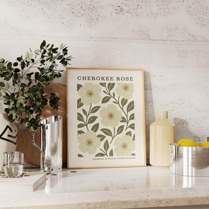 Georgia State Flower Art Print | Cherokee Rose Botanical Wall Decor | Mid Century Modern Floral | Housewarming Gift image 6